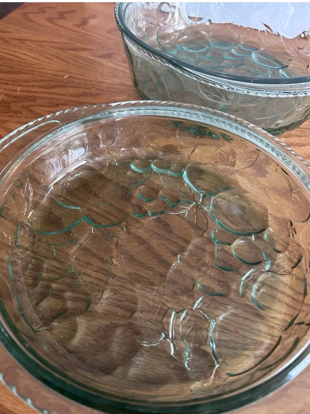 Libbey Large Round Green Glass Casserole Dish + Lid Orchard Fruit Pattern 3qt